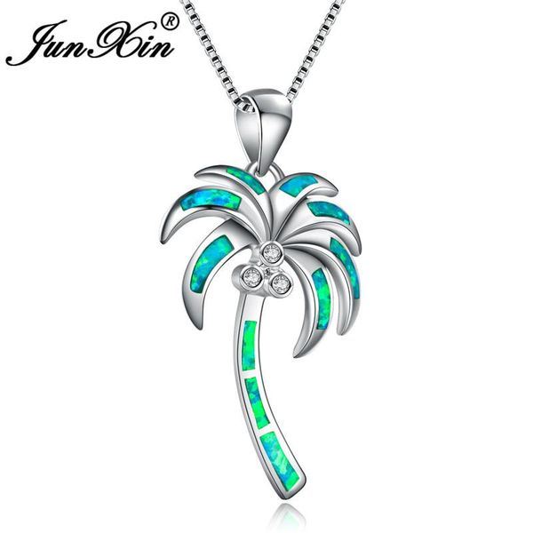 

pendant necklaces junxin green/blue fire opal palm tree necklace for women silver color fashion summer jewelry