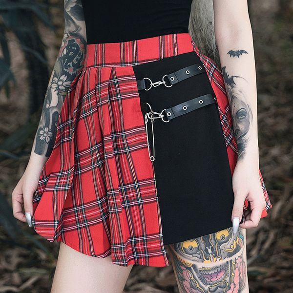 

Fashion Streetwear Buckle Female Goth Skirt Gothic Punk Skirts Women Red Plaid Pleated Skirt High Waist Patchwork Mini Skirt, Black