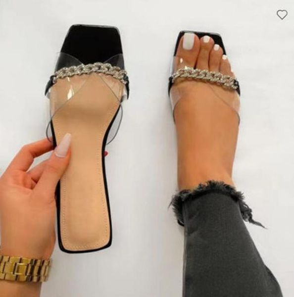 

slippers summer slipper women shoes female square toe solid color metal chain decor casual flats for ladies 2021 fashion, Black