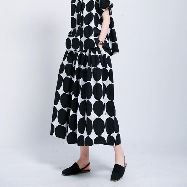 

skirts johnature summer korean wave point print all match a-line women 2021 casual fashion elastic waist pockets loose skirt, Black