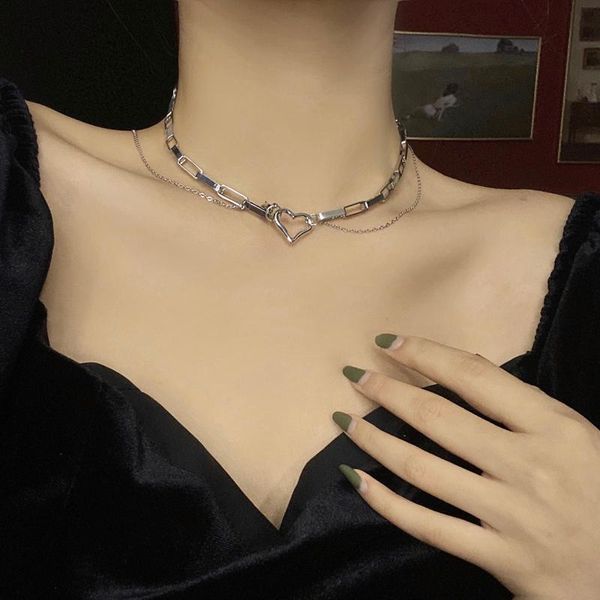 

chokers hip hop double layer simple love heart short clavicle chain metal thick necklace for women girls choker party jewelry, Golden;silver