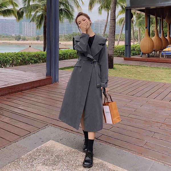 

women's trench coats windbreaker spring gray navy long big size loose wind jacket female 100% cotton coat korean casual ladies clo, Tan;black