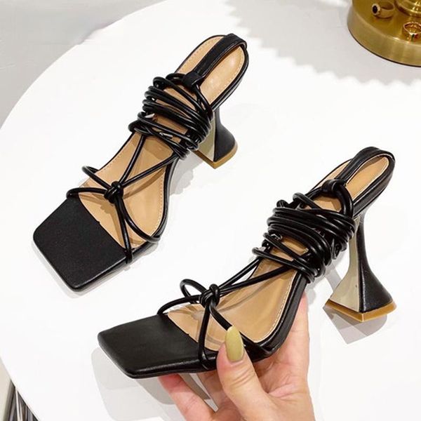 

dress shoes ranmo 2021 design ankle strap sandals women square heel party lace-up summer strange style sandal size 41 42, Black