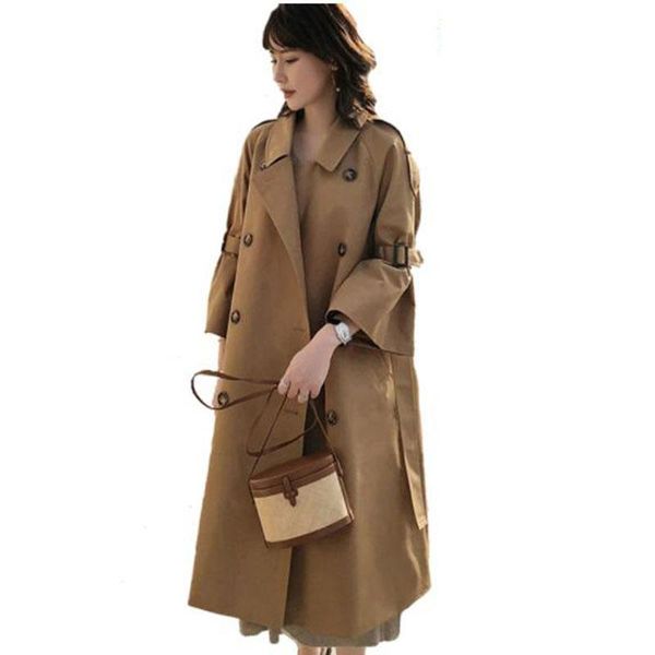 

women's trench coats autumn women long female double breasted loose straight coat fashion slim waist all-match overthe-knee outerwear l, Tan;black