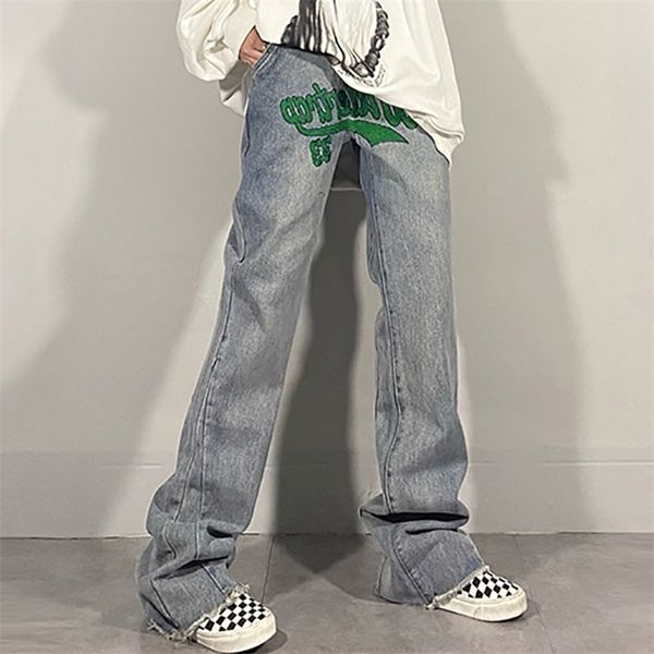 

high street embroidered jeans women's spring waidt fashion loose straight tube denim pants female 5b301 210427, Blue