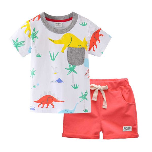 Biniduckling Yaz Moda Erkek Çocuk Giysileri T-shirt + Şort O-Boyun Dinozor Pamuk Çocuk Giyim Setleri X0802