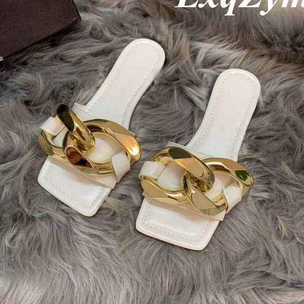 

style sandals square toe summer women slippers brand design golden chain decor flat shoes casual outside peep 60% off store online, Black