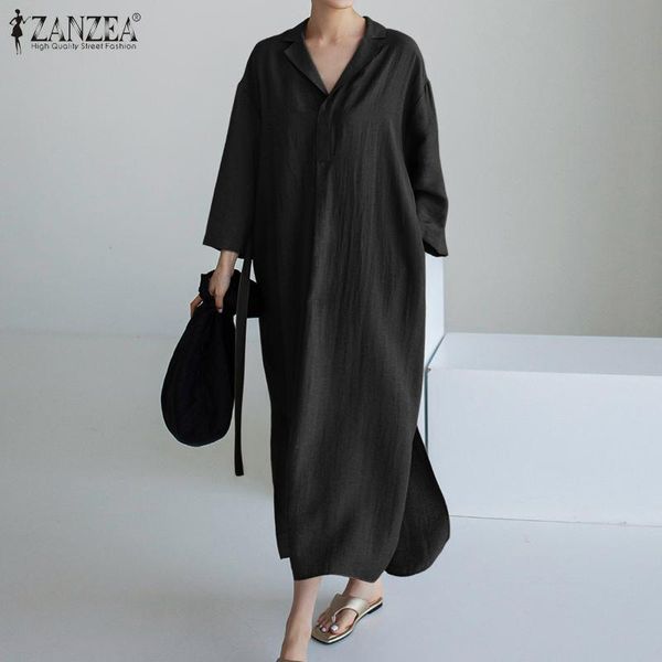 

casual dresses vintage solid shirt dress women's spring sundress zanzea long sleeve midi vestidos female lapel split robe femme oversize, Black;gray