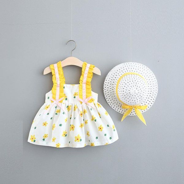 

clothing sets 2021 summer toddler baby kids girls sleeveless watermelon printing ruched bow princess dress+hat outfit set clothes 2pcs, White