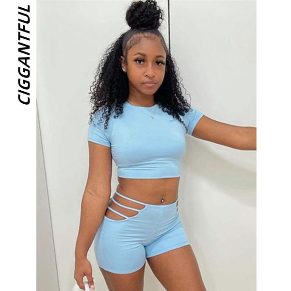 

women's tracksuits ciggantful fashion summer solid color short sleeve t shirt slim shorts suit women crop two piece set outfits streetw, Gray