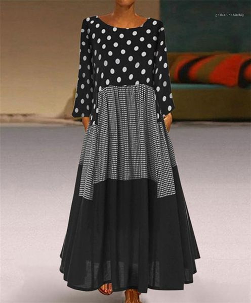 

spring long sleeve crew neck dresses females fashion oversize casual clothing ladies plaid patchwork polka dot dress designer womens, Black;gray
