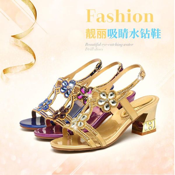 

fashion wedding banquet women's shoes flat sandals and slippers casual beach outdoor high-heeled thick heel rhinest, Black