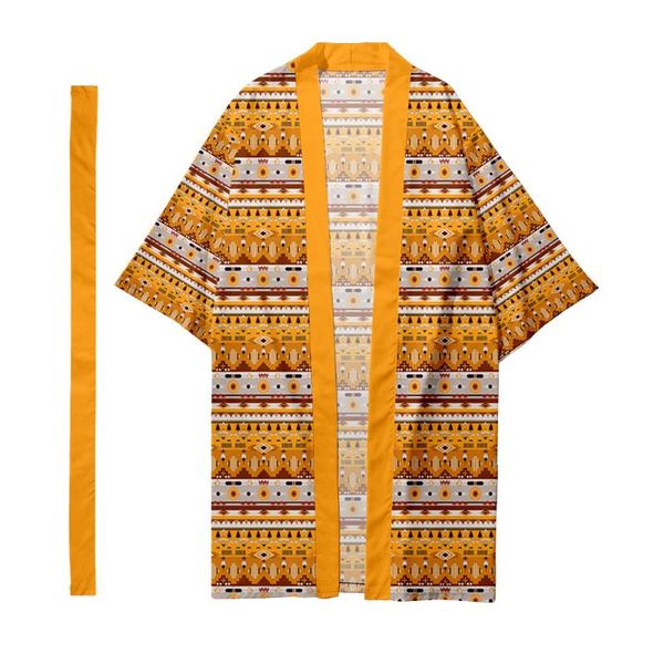 

ethnic clothing simian elements printed long kimono cardigan with belt japanese traditional couple women men casual asian clothes harajuku, Red