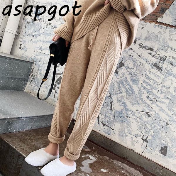 

women's pants & capris autumn winter knitted harem women korean chic wild thickened loose elastic waist slim twist radish woolen pant c, Black;white