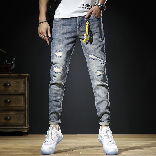 

men's jeans ripped men summer thin light blue stretch mens slim fit pencil pants