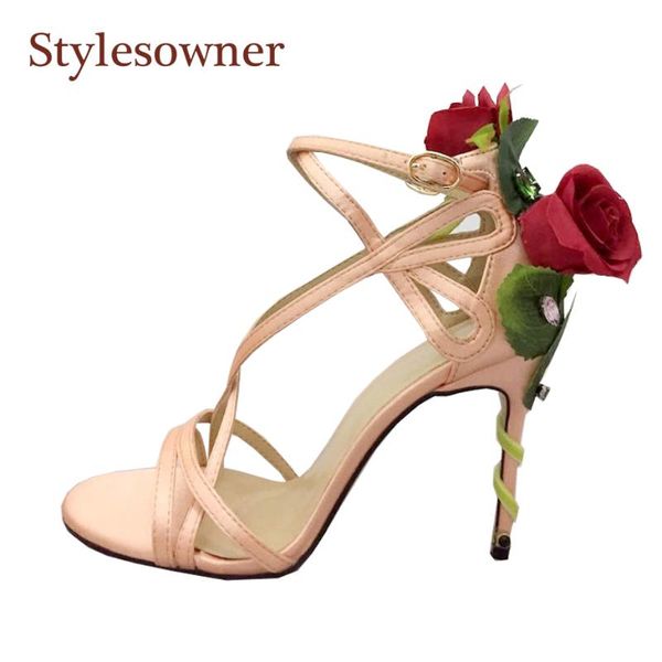 

dress shoes stylesowner rose flower sandal open toe satin real leather sweet girls beautiful party shoe narrow band sandalias mujer luxury, Black
