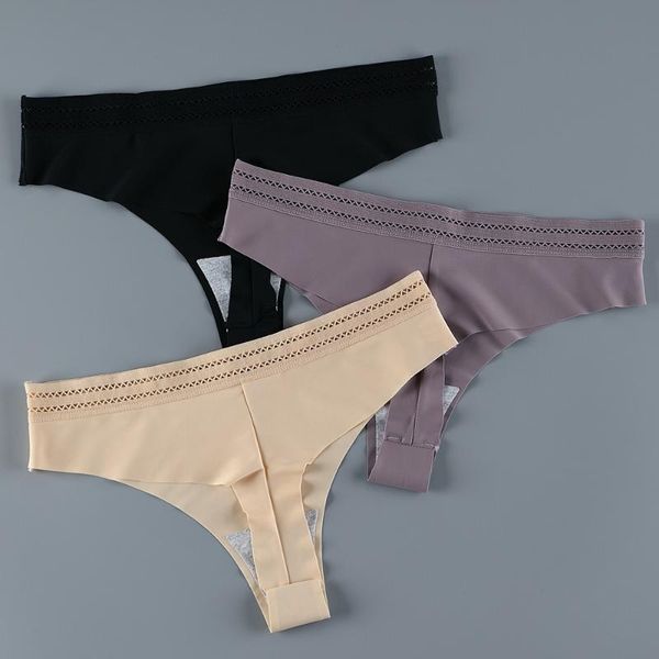 

women's panties 3pcs women underwear lingerie silk g-string thongs for string solid seamless briefs, Black;pink