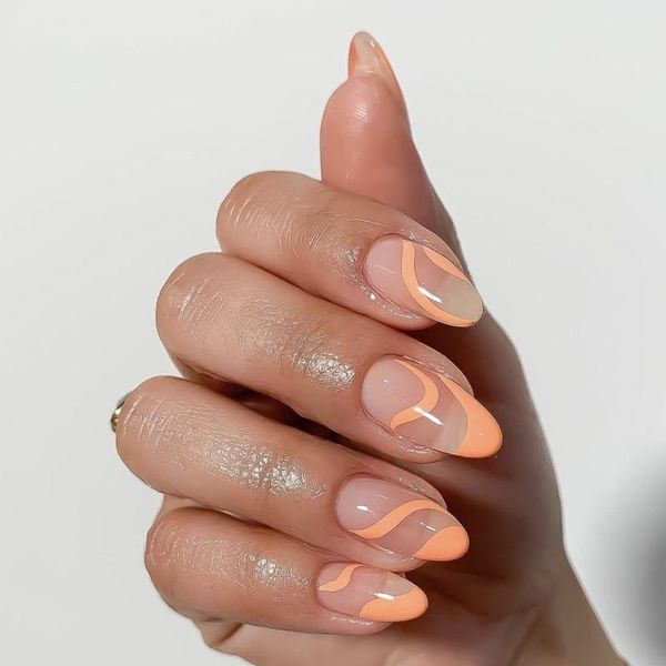 

false nails long oval press on fake orange minimalist designs swirl jp1824-b3, Red;gold