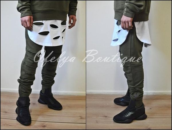 

low crotch cotton disstressed knee pants / zipper hem for men slim-fit essential men's, Black