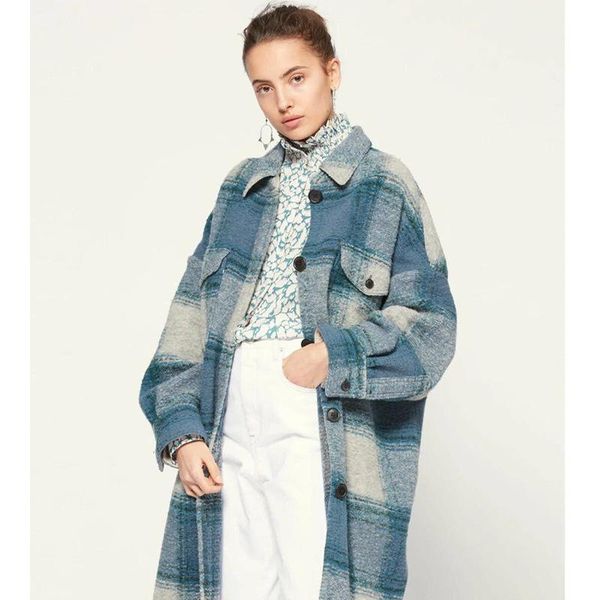 

women's wool & blends 2021 autumn and winter color big profile coat retro plaid long with style ladies, Black