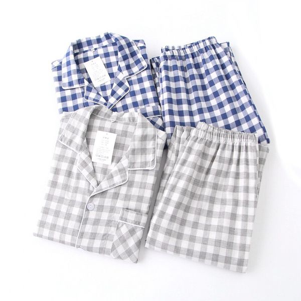 

women's sleepwear lovers spring new pajama set plaid 100%gauze cotton men and couple turn-down collar household wear casual t5x3, Black;red