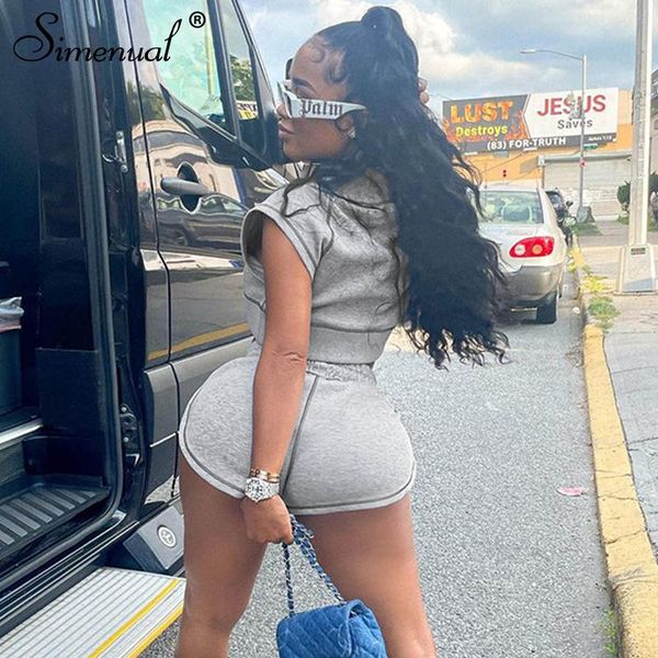 

women's tracksuits simenual sweat and shorts matching sets streetwear casual sporty grey bright line two piece outfits baddie cloth wom, Gray