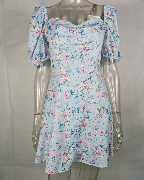 

2021nattemaid floral print buttoned mini dress women ruffles puff sleeve heart neck summer dresses off shoulder a line dress, Black;gray
