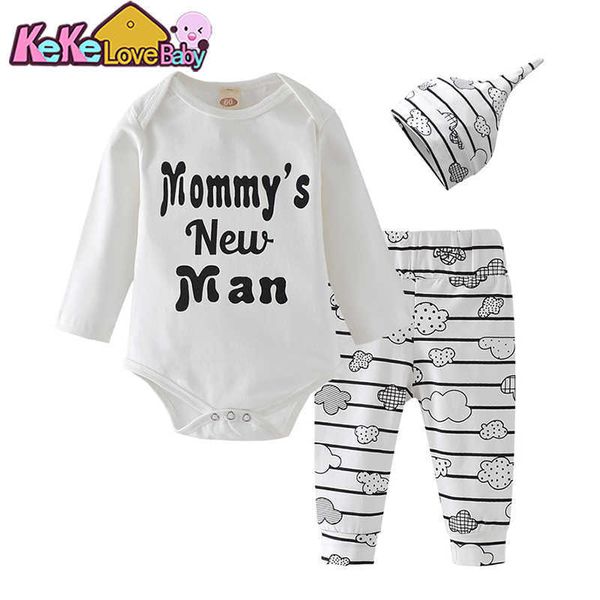 Yenidoğan Bebek Erkek Giysileri Set Pamuk Mektup Annemin Yeni Adam Bodysuit Pantolon Şapka Bulut Tops 3 adet Kıyafetler Bebek Erkek Giyim Setleri G1023