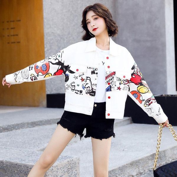 

women's jackets saleqi short print graffiti denim jacket women spring single breasted jean coat loose long sleeve turn-down collar lady, Black;brown