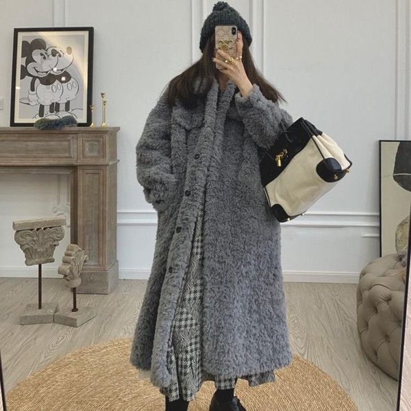 

women's fur & faux lamb plush mid-length coat jacket tide ins2021 winter retro thick plus size cotton, Black