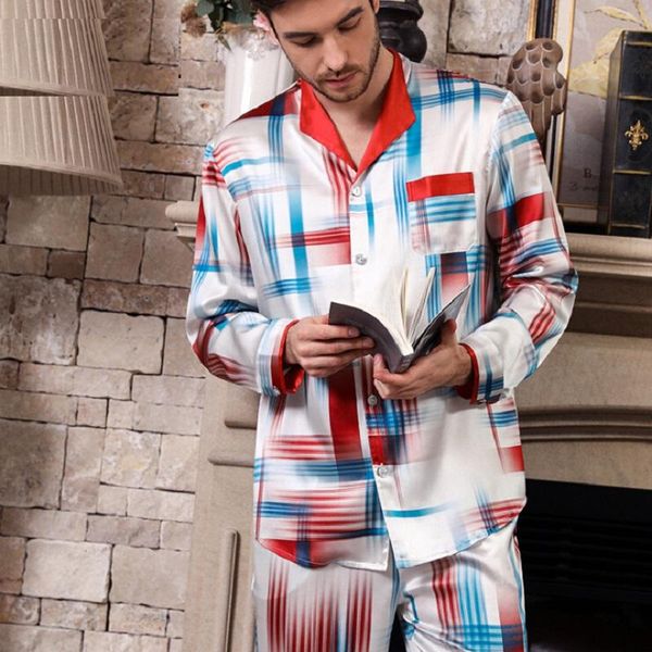 

men's sleepwear pyjamas set silk stain men 2021 summer long sleeve and full pants pijamas plus size night suit for man wear male, Black;brown