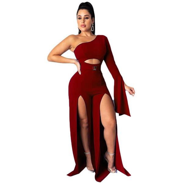 

women's jumpsuits & rompers women 's solid color one shoulder split jumpsuit with belt club full length polyester regular, Black;white