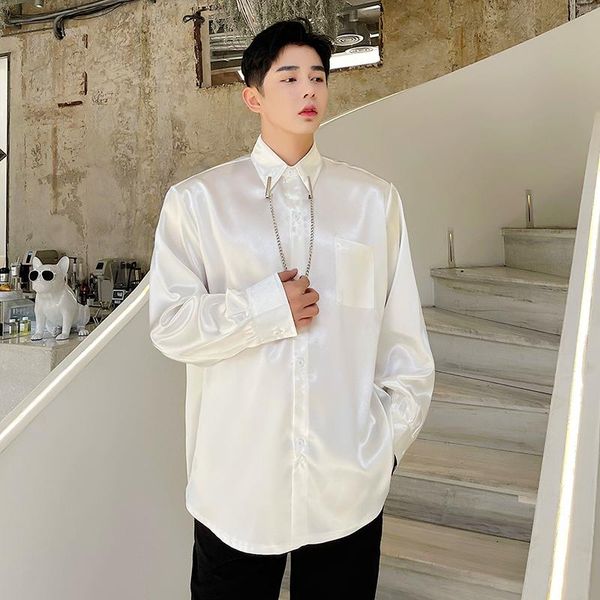 

men's korea style loose casual long sleeve shirt solid color streetwear harajuku fashion hip hop dress shirts for man, White;black