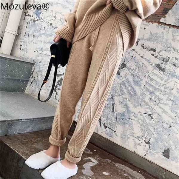 

winter thicken women harem casual drawstring twisted knitted pants femme chic warm female sweater trousers 210416, Black;white