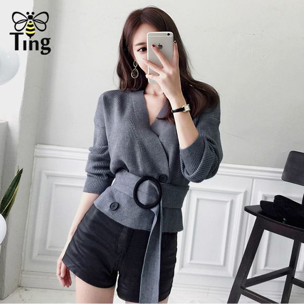 

designer elegant women knitting sweater double breasted v neck cargidan winter autumn streetwear 210513, White
