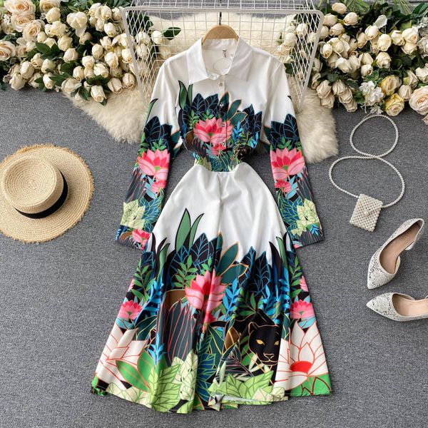 

singreiny women vintage print dress turndown-collar long sleeve button a-line dresses spring korean style bohemian midi dress 210419, Black;gray