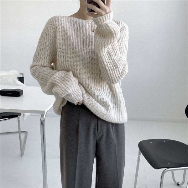 

sweaters fall loose 2021 korean elegant mesh sweater casual female pullovers solid d789, White;black
