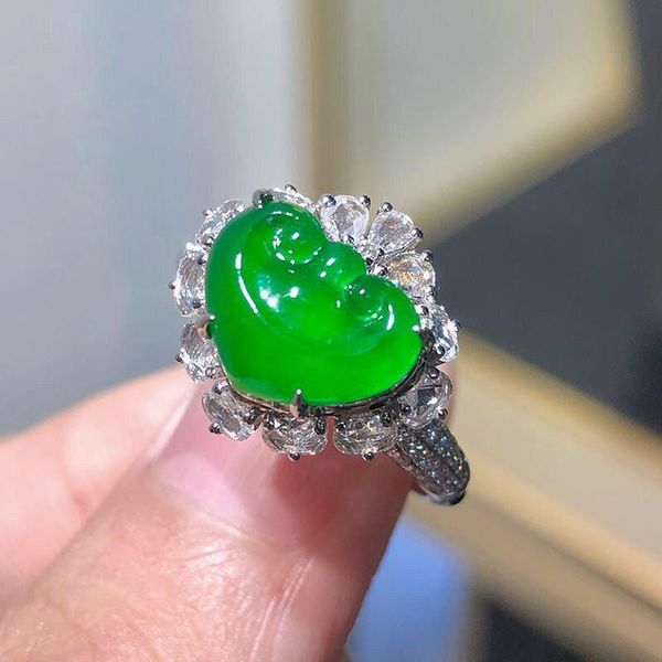 

cluster rings original full diamond wrapped high heart-shaped chalcedony opening adjustable ring retro charm brand silver jewelry, Golden;silver