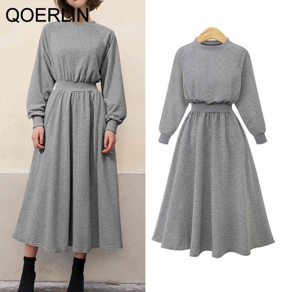 

qoerlin l-5xl big size sweatshirts dress women winter fall thin dress elastic waist high waist solid black long dress maxi pull 210416, Black;gray