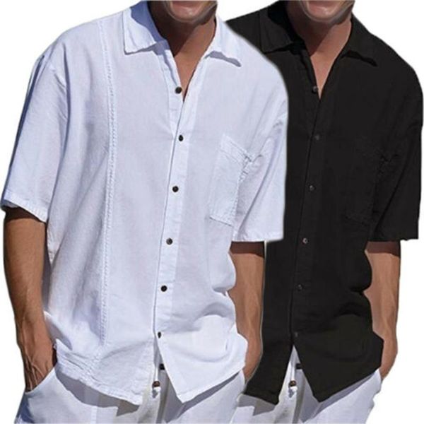 

2021 summer men's linen short sleeve shirt white black color summer cool loose casual v-neck shirts -3xl