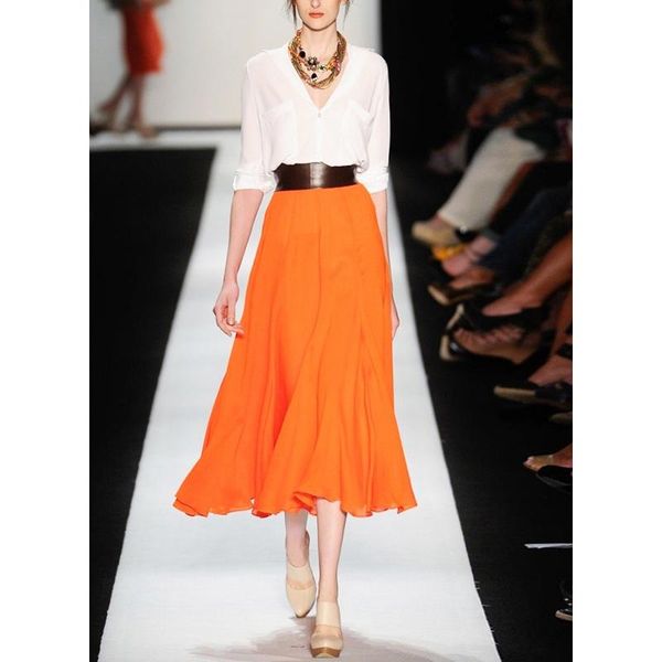 

two piece dress white long sleeve shirt +orange skirt women's set 210526mx01