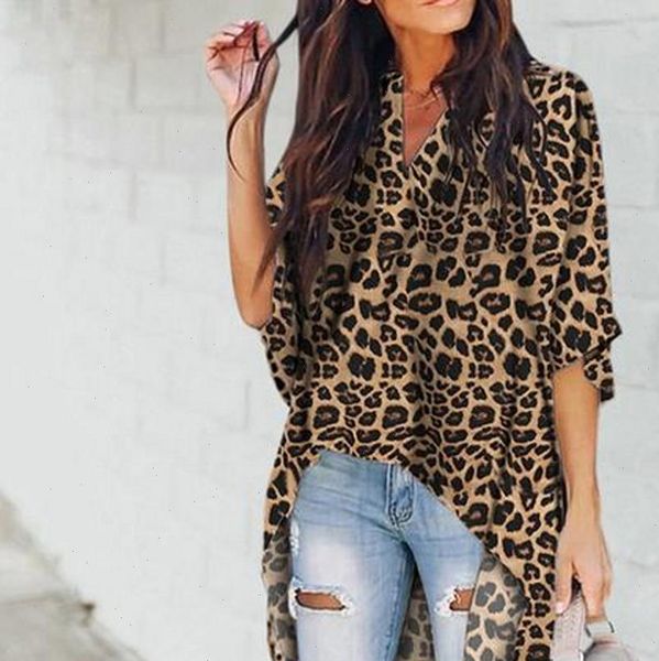 

v neck casual womens blouses flare sleeve irregular leopard print, White