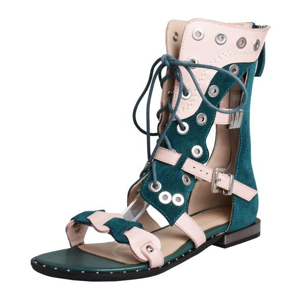 

sandals rivets studded women flat casual beach shoes woman lace-up summer boots handmade genuine leather gladiator sandal flats, Black