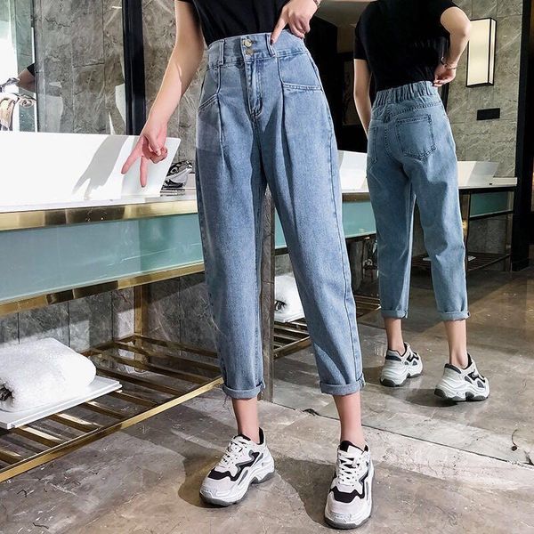 

elastic high waist boyfriend women jeans plus size korean vintage oversized mom oversize trousers blue pant regular