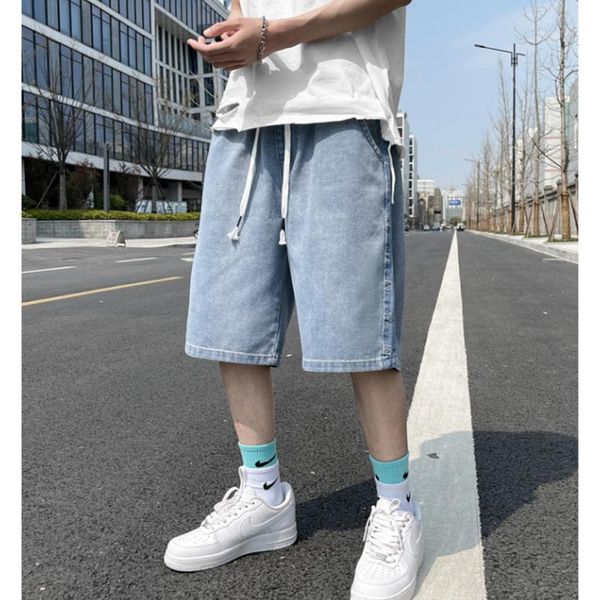 

men's jeans denim shorts wide loose summer thin men clothing pants japanese style plus size fat tide brand five-point, Blue