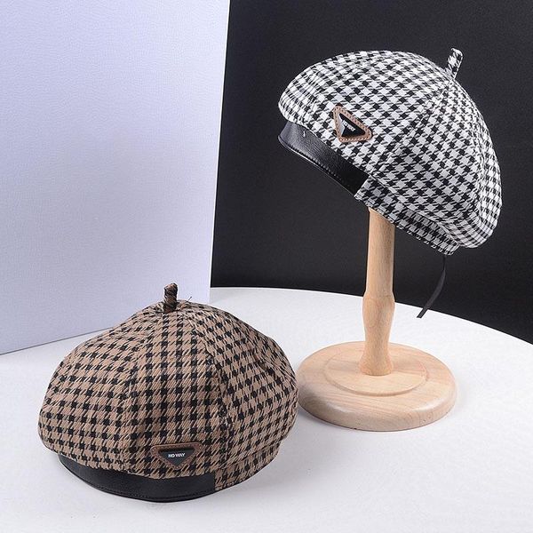 

berets autumn winter plaid beret caps for women french retro fashion female houndstooth with adjustable rope painter hat, Blue;gray