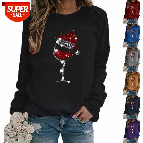 

clothing christmas ladies sweater hat red wine glass pattern printing round neck long-sleeved #kx3h, Black