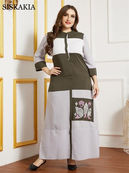 

siskakia maxi dress for women 2021 fashion embroidered color block button up o neck 3/4 sleeve arabic clothes side split casual dresses, Black;gray