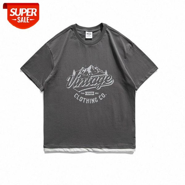 

forn3 daylight workwear outdoor wind casual short sleeve men's loose fake two-piece round neck t-shirt #ro21, White;black