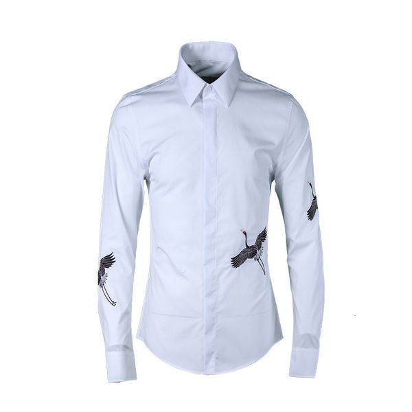 

men's t-shirts crane pattern embroidery shirts wholesale trend europe style long-sleeved mens brand fashion white shirt male camisa yxm, White;black
